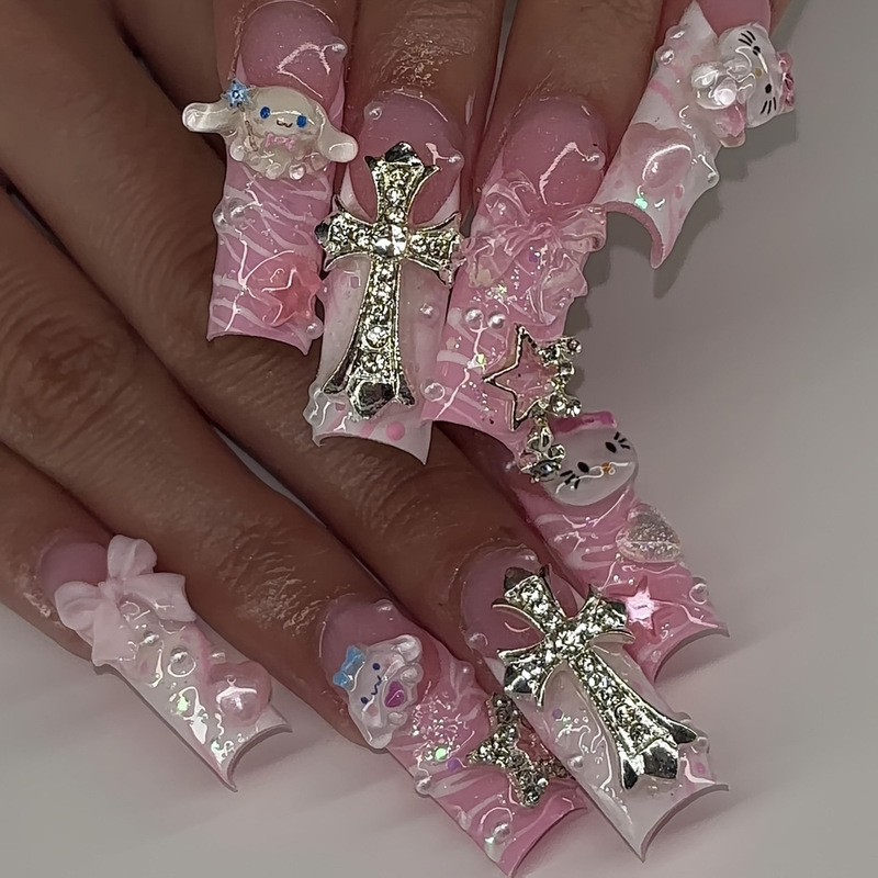 European and American Hot-Selling Water Pipe Nails Cross French Stripes Glitter Long Nails Sanrio Cartoon Hello Kitty Fake Nails