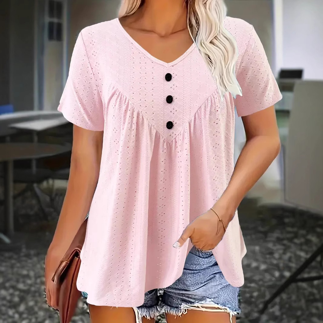 2025 봄 여름 크로스보더 아마존 TMUE 신상 티셔츠 캐주얼 반팔 브이넥 여성 상의