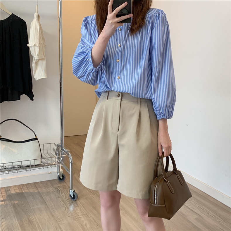 Khaki Suit Shorts Women's Spring and Summer Thin High Waist Loose A- Line Casual Mid-Length Pants Straight Retro Wide-Leg Half-Length Pants