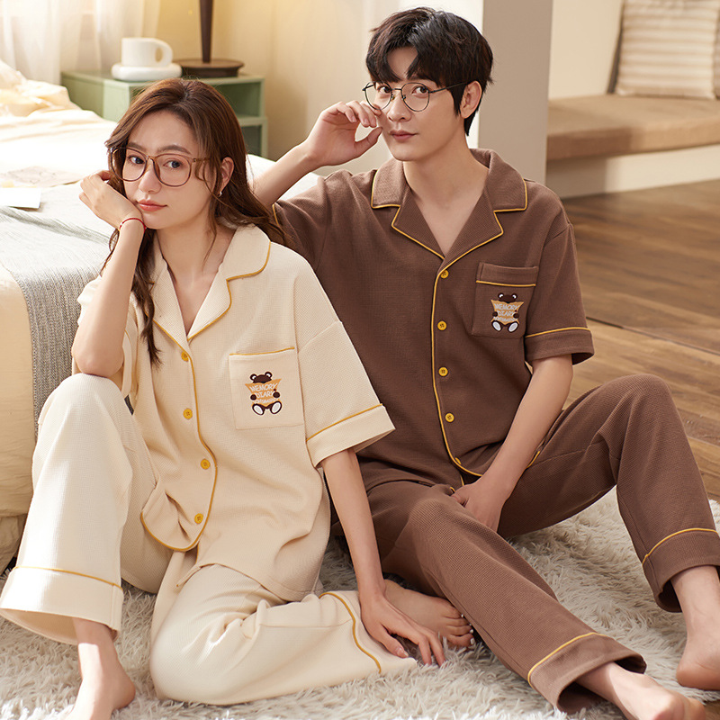 Summer Koppel Kuerzärmlech Hosen Pyjama Cardigan Waffel Einfach Kotteng Männer Fraen Fréijoer a Summer Heemkleeder_voghion.com