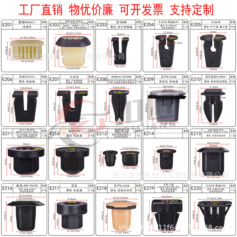 Car side skirt, door sill guard, door trim panel, heat insulation pad, mudguard, fender, front and rear bumper buckle Car side skirt, door sill guard, door trim panel, heat insulation pad, mudguard, fender, front and rear bumper buckle