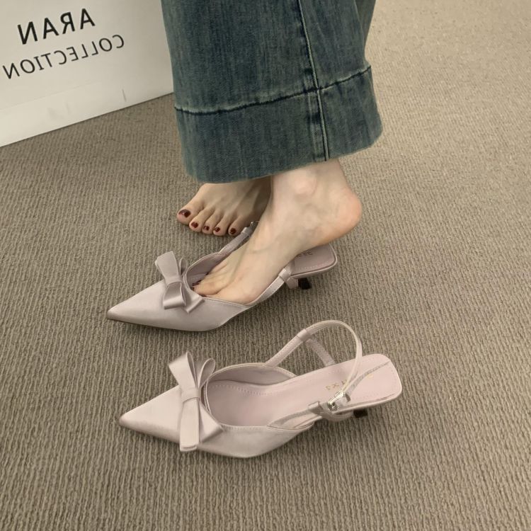 French High-End Satin Bow Gentle Evening Shoes, Beautiful Toe-Cap Sandals, Women's Shoes, Stiletto Heels