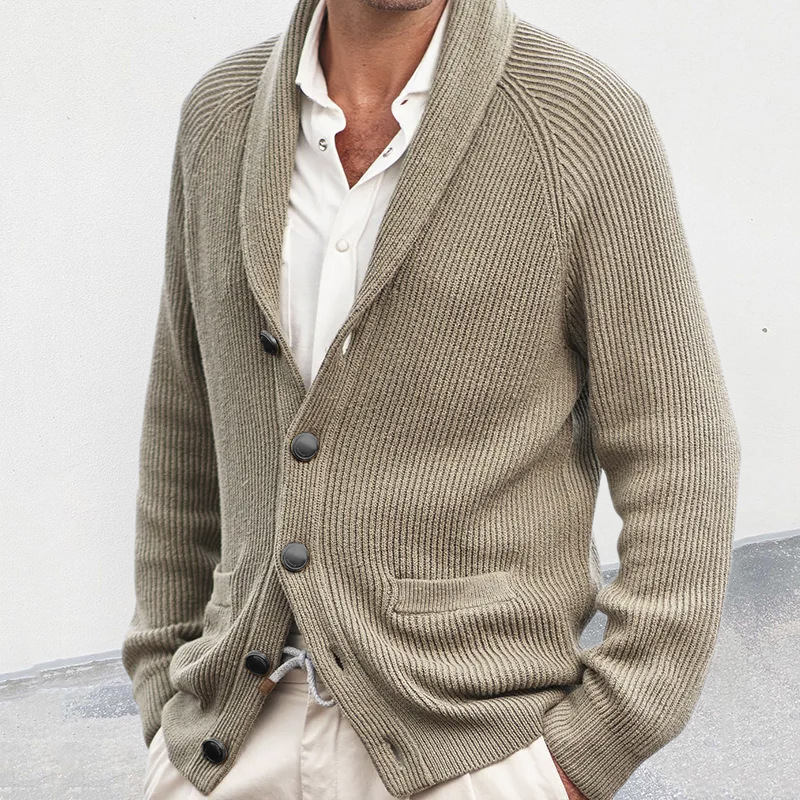 Monochrome Man- European And American Style Men's Cardigan Sweater, Turn-Down Collar Long Sleeve Knitted Jacket, 2026 Autumn Winter_voghion.com