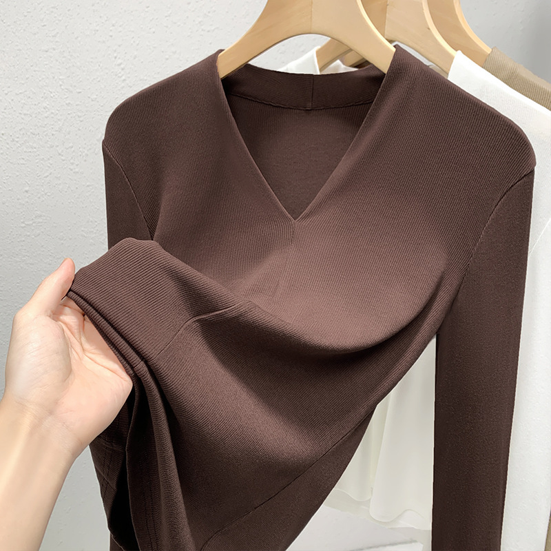 Medium-sleeved T-shirt Women's New Women's Clothing Solid Color Threaded Half-sleeved T-shirt Temperament Deep V-neck Waist Top Short Sleeve_ecoleips.com