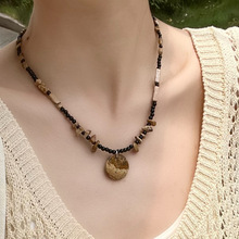 新中式圆片吊坠项链不规则黑色水晶串珠小众设计天然石锁骨链