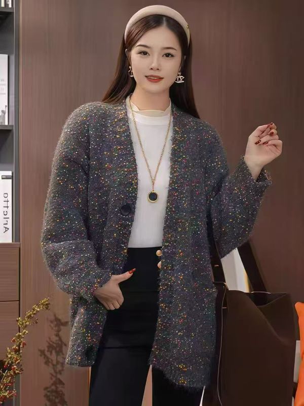 慵懒风软糯开衫毛衣女小香风宽松百搭 花纱V领长袖针织衫 短外套|undefined