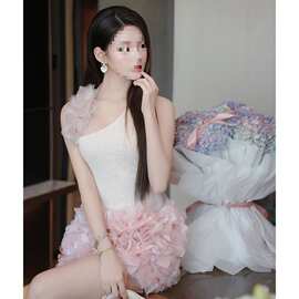 越南粉色立体花朵细节挂脖连衣裙纯欲甜美生日礼服裙子夏扎染