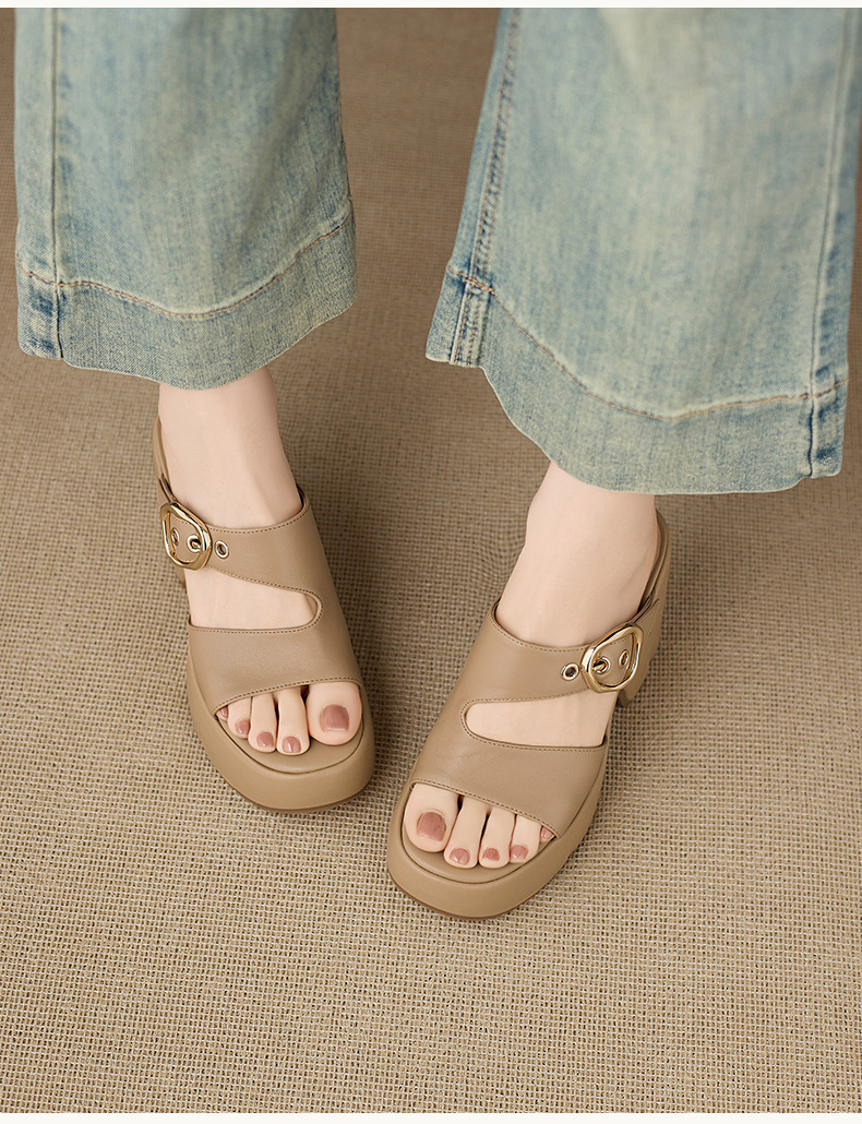 Dép sandal nữ đế xuồng cao 10cm da thật quai khóa mũi hở mùa hè — màu trắng ngà, màu mơ chi tiết 7