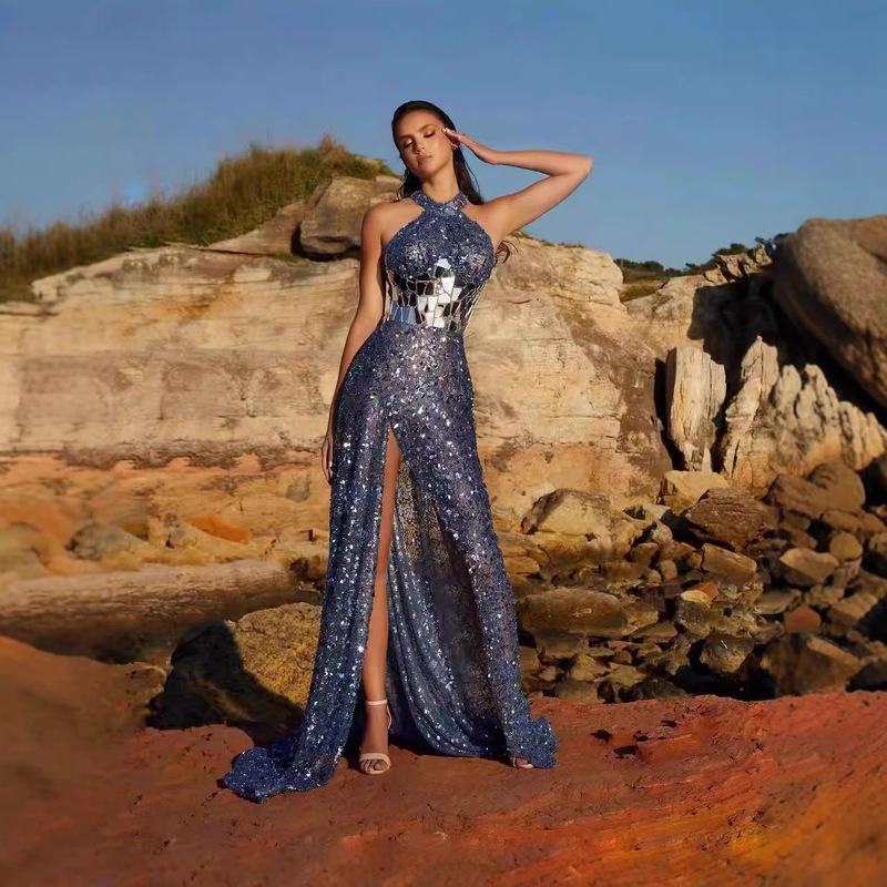 Cross-Border European and American Foreign Trade Special Price High-Neck Sequined Heavy-Duty Embellished Waist-Cinching Prom Party Evening Gown with Open Slit, Light Luxury Evening Dress Cross-Border European and American Foreign Trade Special Price High-Neck Sequined Heavy-Duty Embellished Waist-Cinching Prom Party Evening Gown with Open Slit, Light Luxury Evening Dress