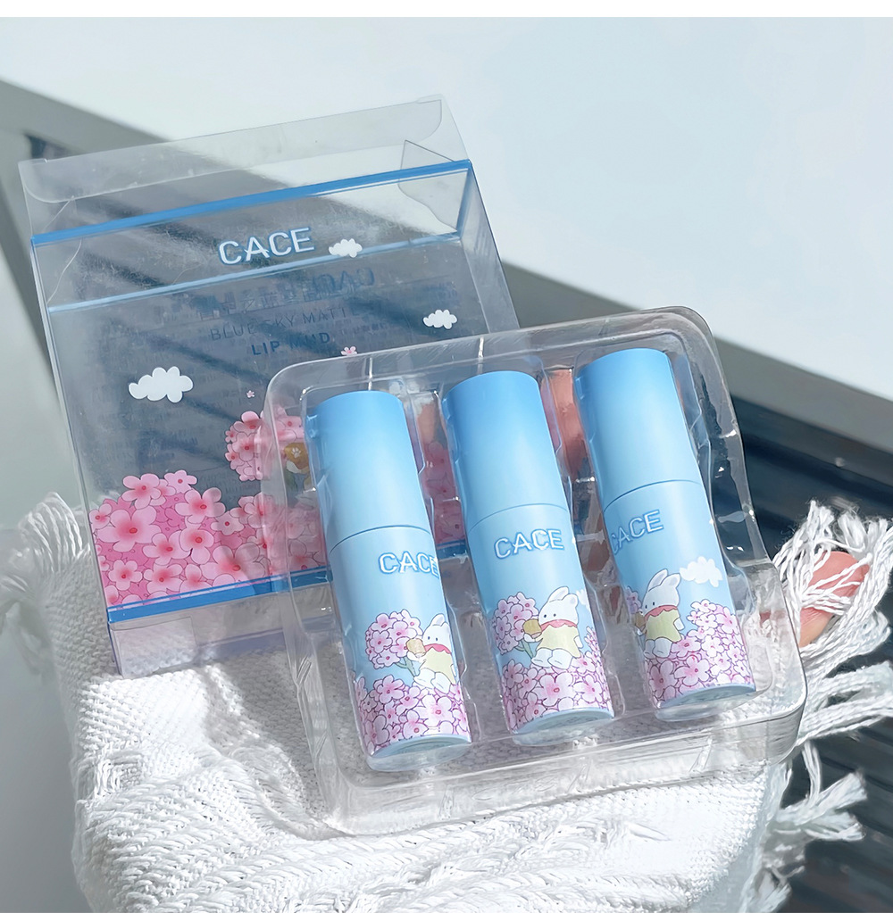 CACE Blue Sky Matte Lip Clay Anime Style Small cleft Lip Glaze Student Three-piece Blue Set Wholesale undefined