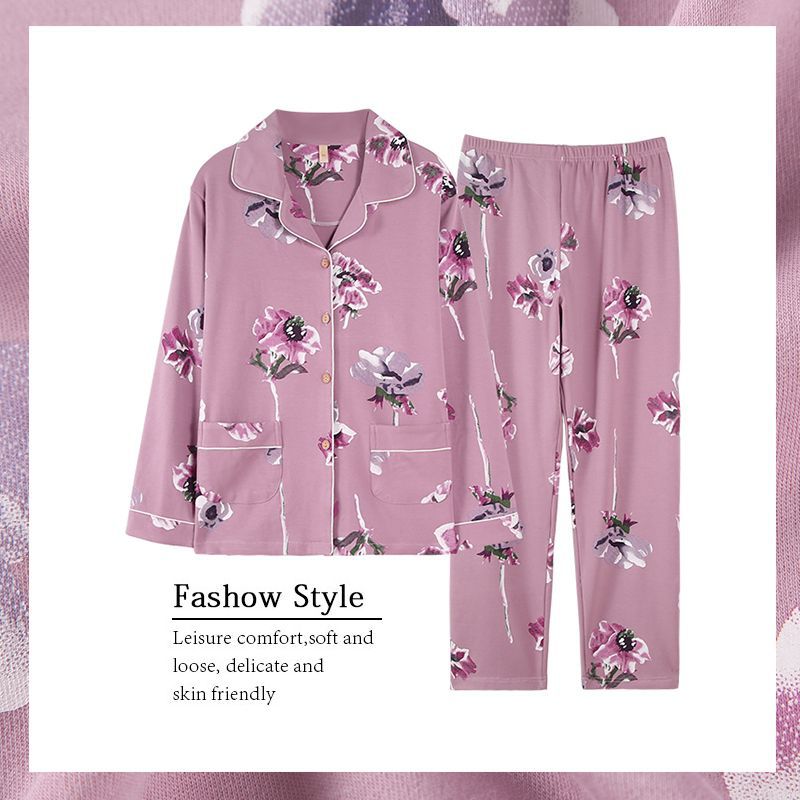 Pijamas de mujer primavera y otoño 100% algodón de manga larga delgada madre de mediana edad y ropa para el hogar de algodón de mediana edad y edad avanzada