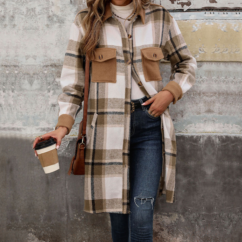Temu Cross-Border New Product 2026 Autumn European and American Casual Women's Clothing Lapel Brushed Plaid Long-Sleeved Jacket for Women