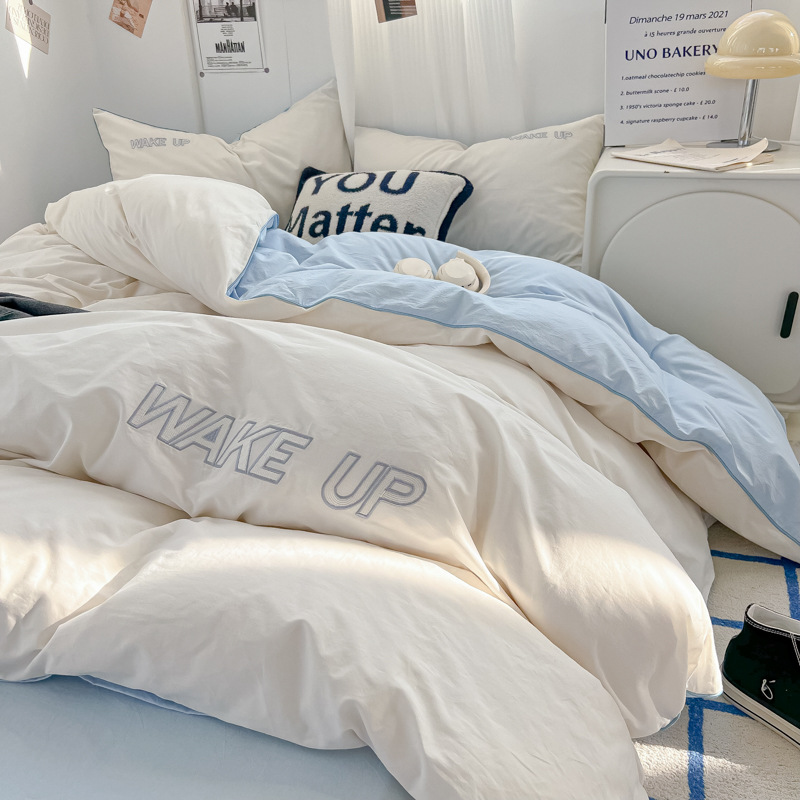 Bordado de cuatro piezas de algodón lavado 2024 nueva ropa de cama funda de edredón sábana dormitorio de estudiantes sábana de tres piezas 34