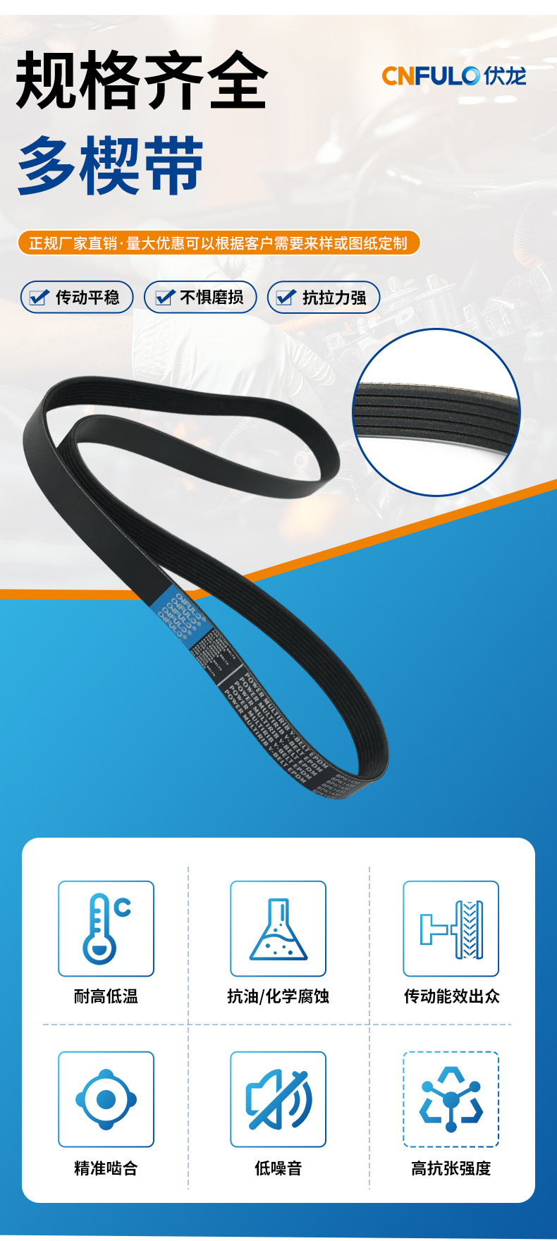Manufacturer of multi-V-belt transmission belts, specialized transmission synchronous belts for agricultural machinery, smooth operation, Fulong multi-V-belt