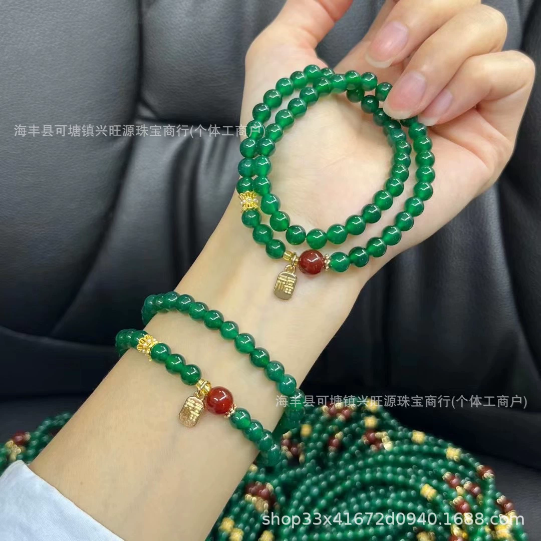 Браслет из натурального зеленого агата с халцедоном и подвеской из красного агата для женщин, новая модель с несколькими кругами.