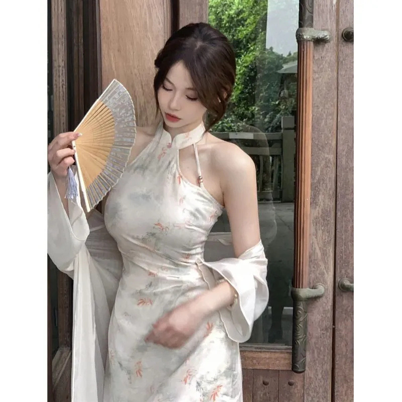 New Early Spring Chinese Style Improved Cheongsam Daily New Chinese Style Morning Robe Halter Dress Women's Suit Petite