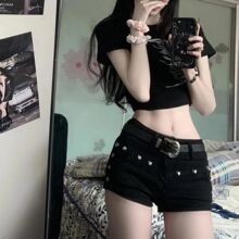 y2k千禧风热裤女大码胖mm欧美复古网红小众低腰紧身显瘦牛仔超短