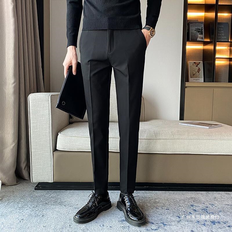 Men's Black Slim-Fit Cropped Dress Pants, Business Casual New Style, Tapered, Spring/Summer Korean Fashion, Trendy Boyfriend Style