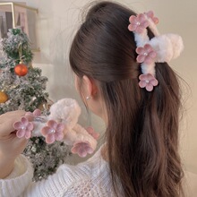 秋冬毛绒花朵半扎发抓夹头饰发卡甜美少女发抓头饰女