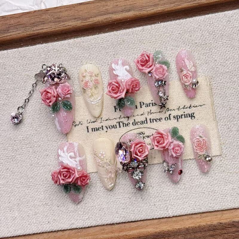 Pink Swan Tassel Heavy Craft New Chinese Style Exquisite Disposable False Nails Wholesale Short Almond Pure Handmade Wearable Nails