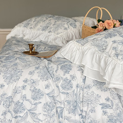 9WOR韓式復古風全棉水洗棉床單四件套花卉刺繡純棉被套小清新床上