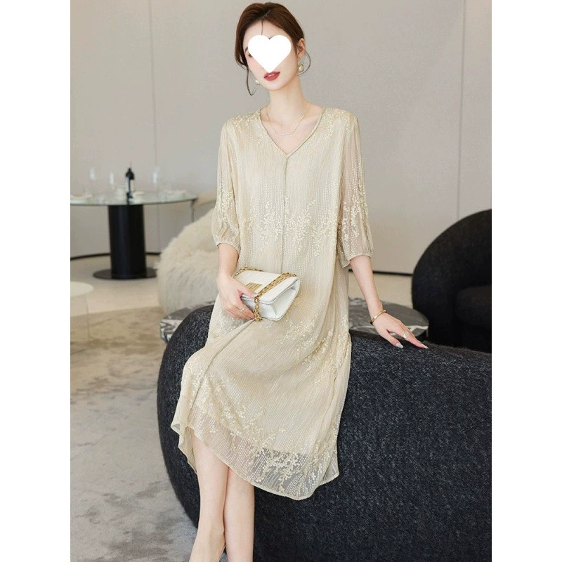 Шелковое платье Ханчжоу, лето 2025, новое элегантное утягивающее платье средней длины выше колена с вышивкой, шелковая юбка из шелковицы