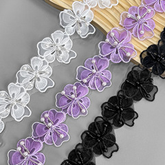 DIY Fashion Accessories Double Layer Lolita Lace Hand Embroidered Beaded Crystal Flower Bar Code Edge Decoration for Children