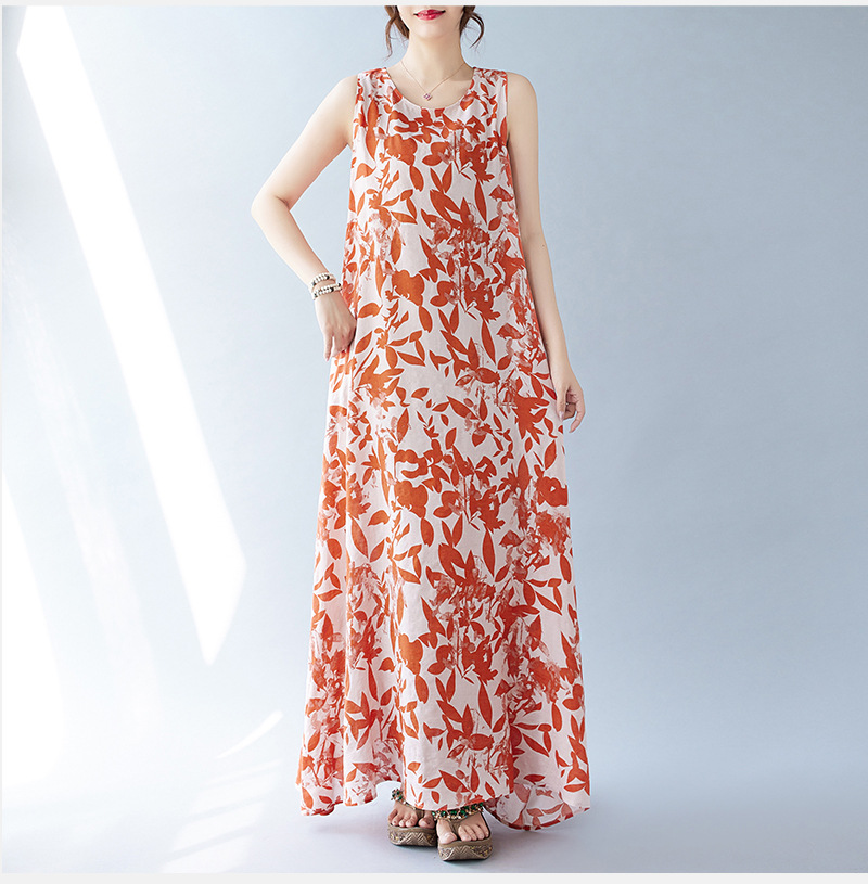 Real Shot Of The 2024 Summer New Bohemian Artistic Loose Sleeveless Round-neck Printed Mid-length Dress For Women_ecoleips.com