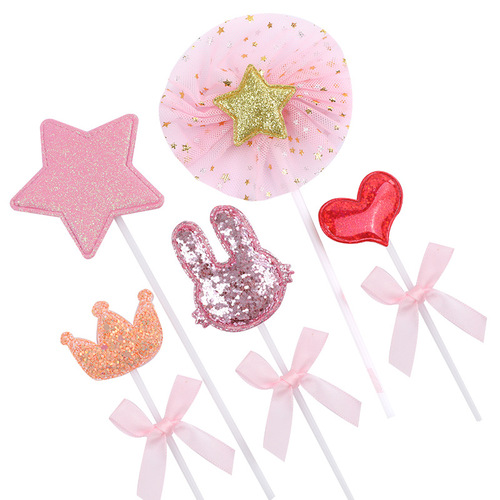 Pink Korean style bunny crown love five-pointed star birthday cake dessert baking New Year cake insert