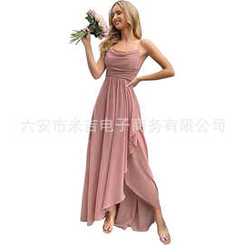 女士雪纺伴娘长款开叉正式礼服跨境性感欧美风外贸纯色无袖连衣裙