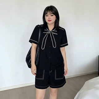 120-300斤大码女装飘带衬衫+三分短裤夏季新款微胖妹妹休闲两件套