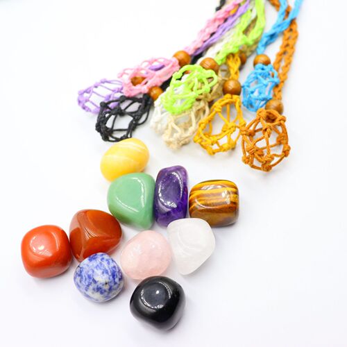 Cross-border festival new product retro woven raw stone natural stone pendant net pocket necklace handmade adjustable necklace rope