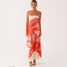 跨境欧美风女装亚马逊夏季印花性感抹胸连衣裙沙滩度假长裙子