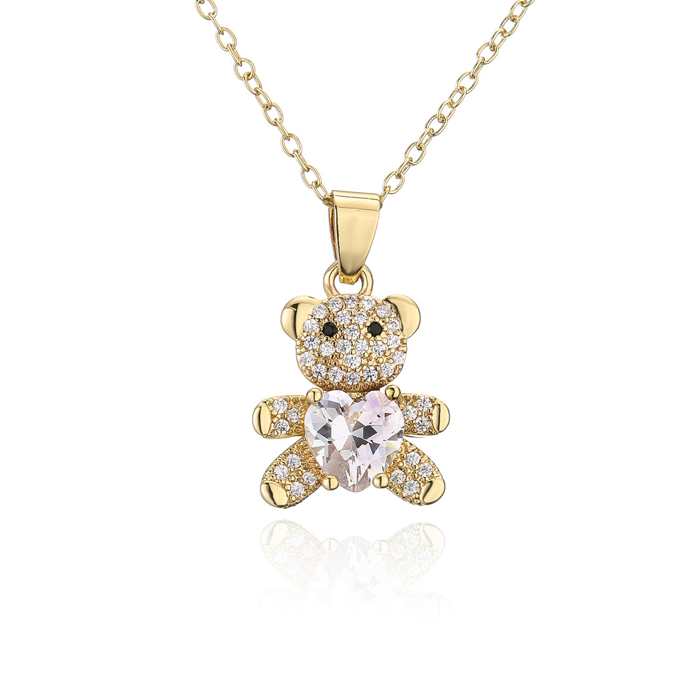 copper micro-encrusted zircon jewelry cute heart shaped bear pendant gold necklace