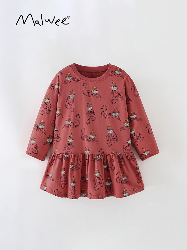 Malwee vestidos de niñas de otoño nuevos niños pequeños y medianos impresión de aire extranjero cuello redondo mangas largas lindas falda de ropa infantil