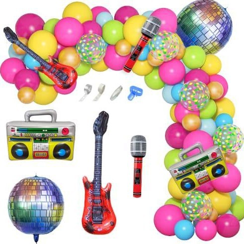 90S 80S Theme Party Decorations Retro Disco Ball Shaped Microphone Rainbow Guitar Foil Balloons