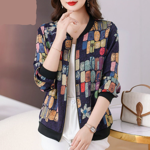 Ice Silk Chiffon Shirt, Fashionable New Chinese Style Summer Large Size Sun Protection Jacket with Print Zipper Short Coat for Middle-Aged Mothers