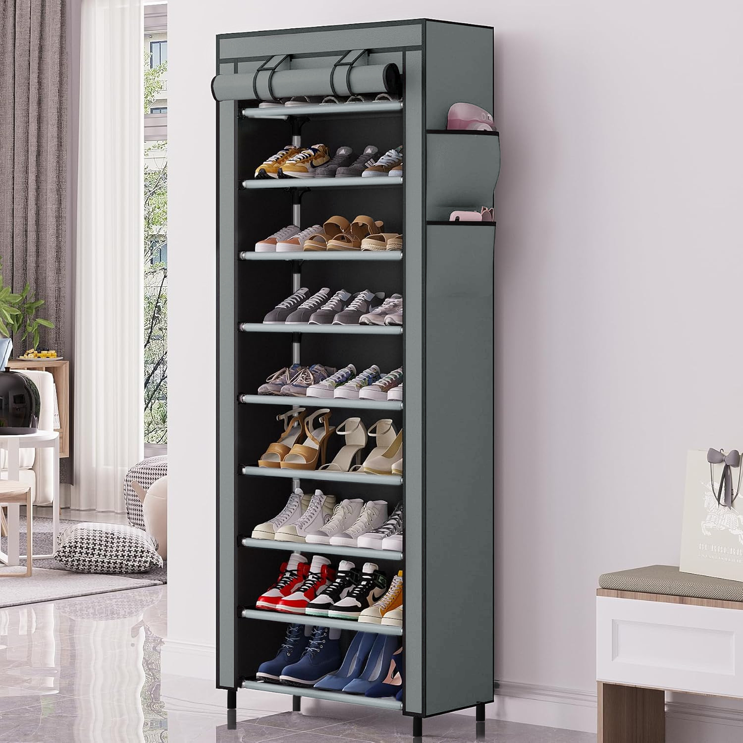 Zapatero simple zapatero de almacenamiento a prueba de polvo multicapa de diez pisos 12mm engrosado dormitorio económico zapatero para el hogar con bolsillos laterales