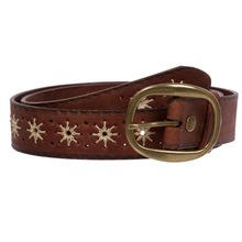 订制头层牛皮女腰带小雏菊绣花复古擦色波西米亚风缝线做旧简皮带