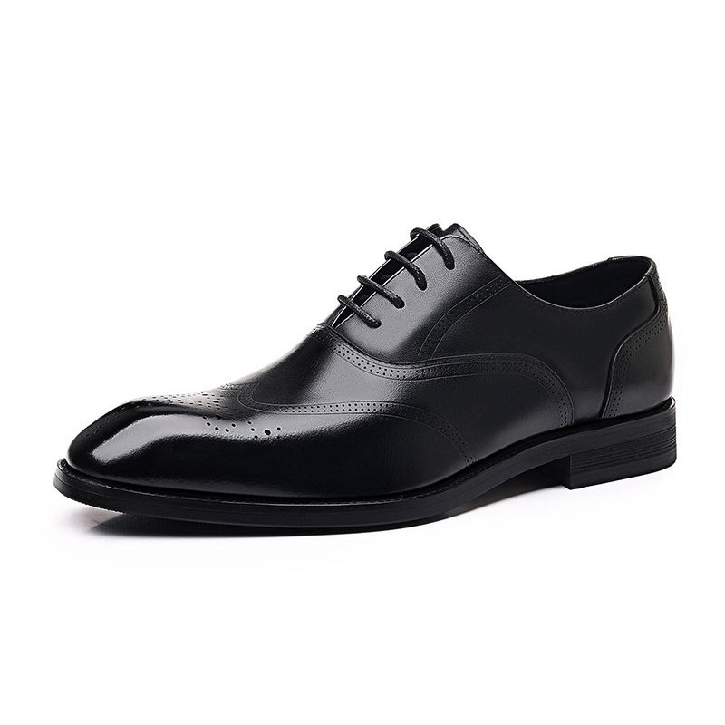 Giày da nam công sở da bò lớp đầu mũi nhọn Brogue buộc dây đế gỗ — Màu nâu, màu đen