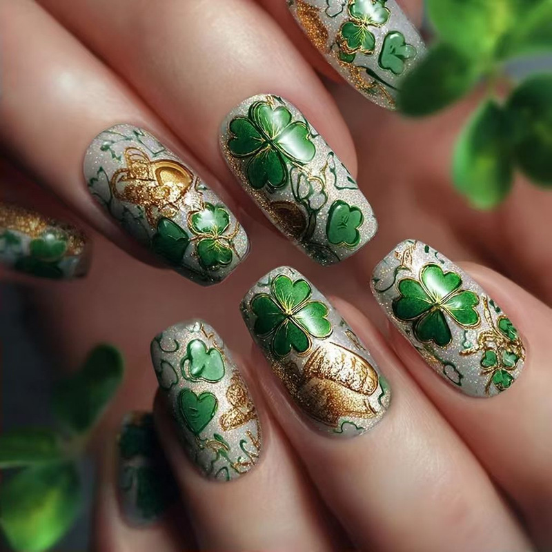 St. Patrick's Day Gold Glitter Four-Leaf Clover Design Chinese Spring Season Wearable Nail Art Nail Tips Nail Stickers St. Patrick's Day Gold Glitter Four-Leaf Clover Design Chinese Spring Season Wearable Nail Art Nail Tips Nail Stickers