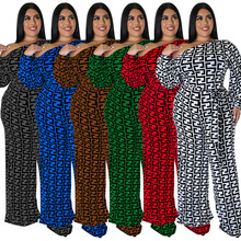 MY996跨境大码女装2022秋季新 时尚休闲印花长袖连体裤亚马逊现货