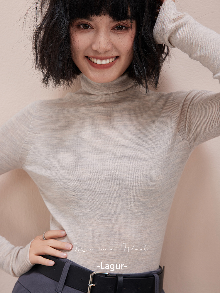 トップスは新年の赤色、シームレスな一体型揚子紡績100％ウールニット、女性用スリムフィットハイネックセーター