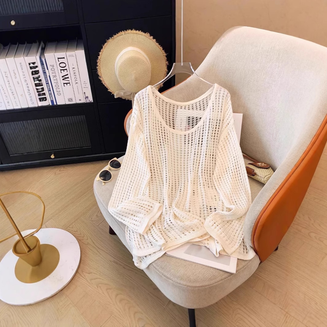 Hollow Wool Knitwear Women's Summer New Style Lazy Loose Flesh-Covering Sun Protection Blouse Round Neck Design Long-Sleeved Top