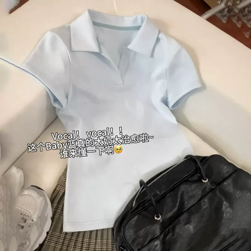 蓝色polo领短袖t恤女2025新款夏季正肩修身显瘦翻领纯棉短款上衣