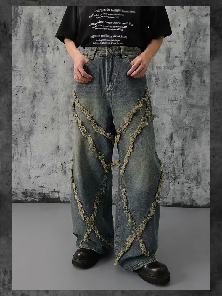 Unisex High Street Vintage Washed Distressed Patchwork Jeans Relaxed Wide Leg Straight Denim Pants for Men And Women_mkmklike.com