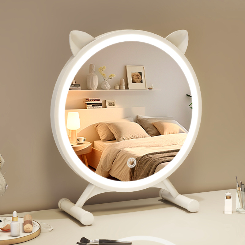 ライト付きデスクトップLEDスマート化粧鏡、女の子用ドレッシングテーブルミラー、学生寮用ドレッシングミラー、高解像度調整可能