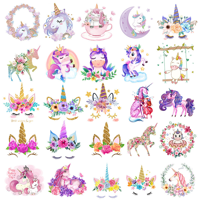 跨境专供独角兽烫画A级高弹过粉柯式烫画耐水洗可爱烫画贴现货