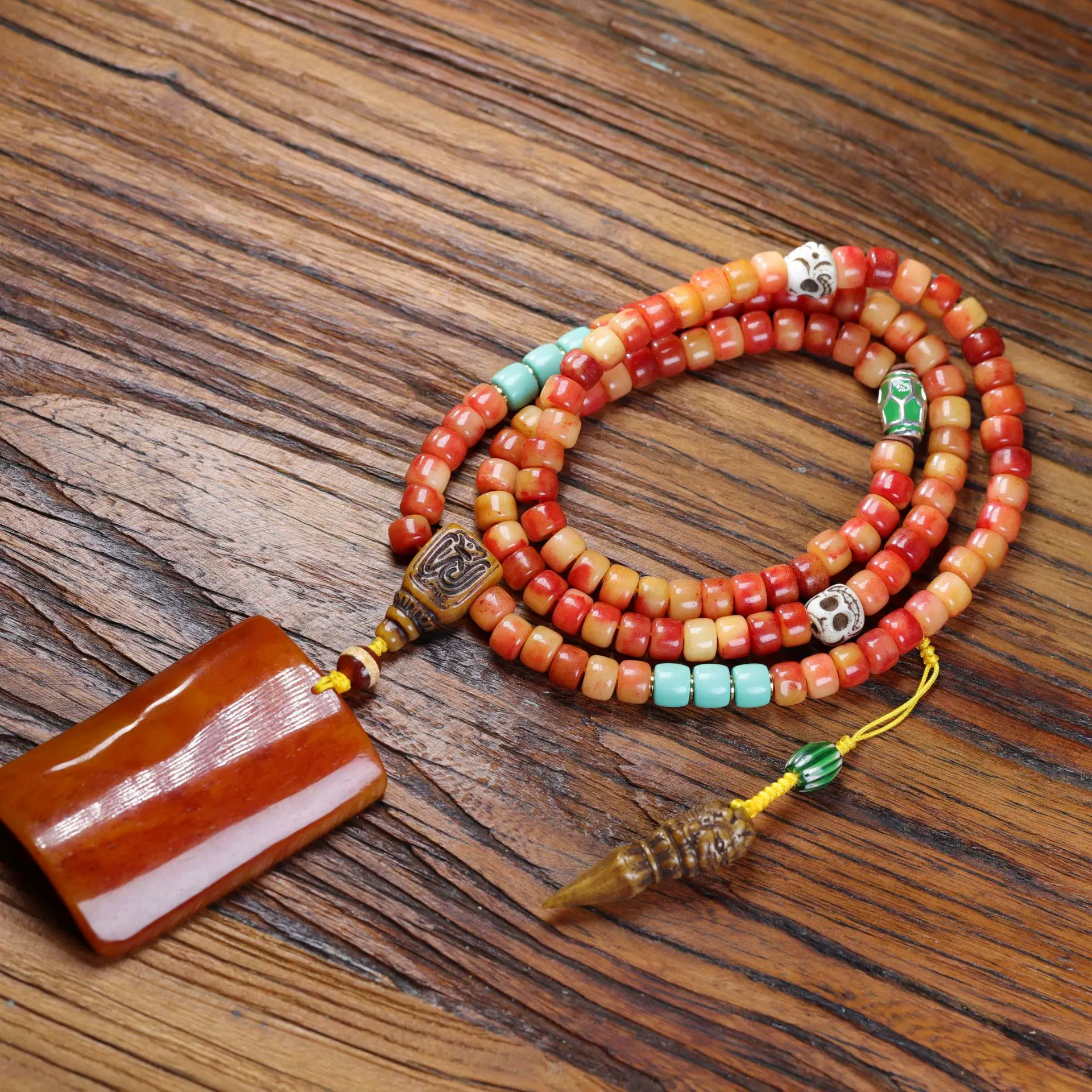 藏传回流骨桶珠108颗佛珠念珠藏式文玩多圈手串驼骨平安无事牌