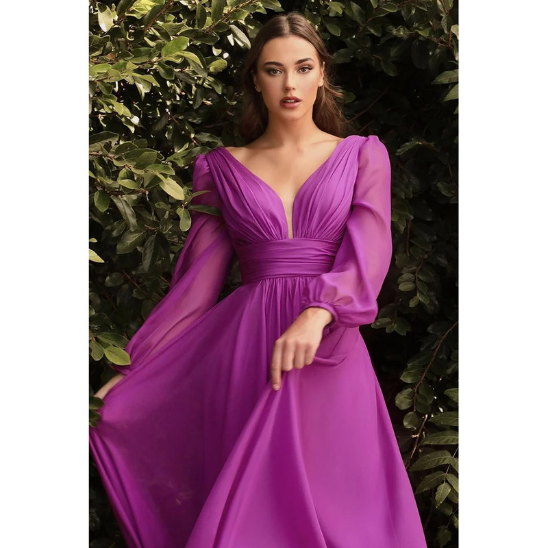 New Evening Dress, Fashionable Deep V Long-Sleeved Dress, Retro Photo A-Line Waist Long Prom Performance Dress
